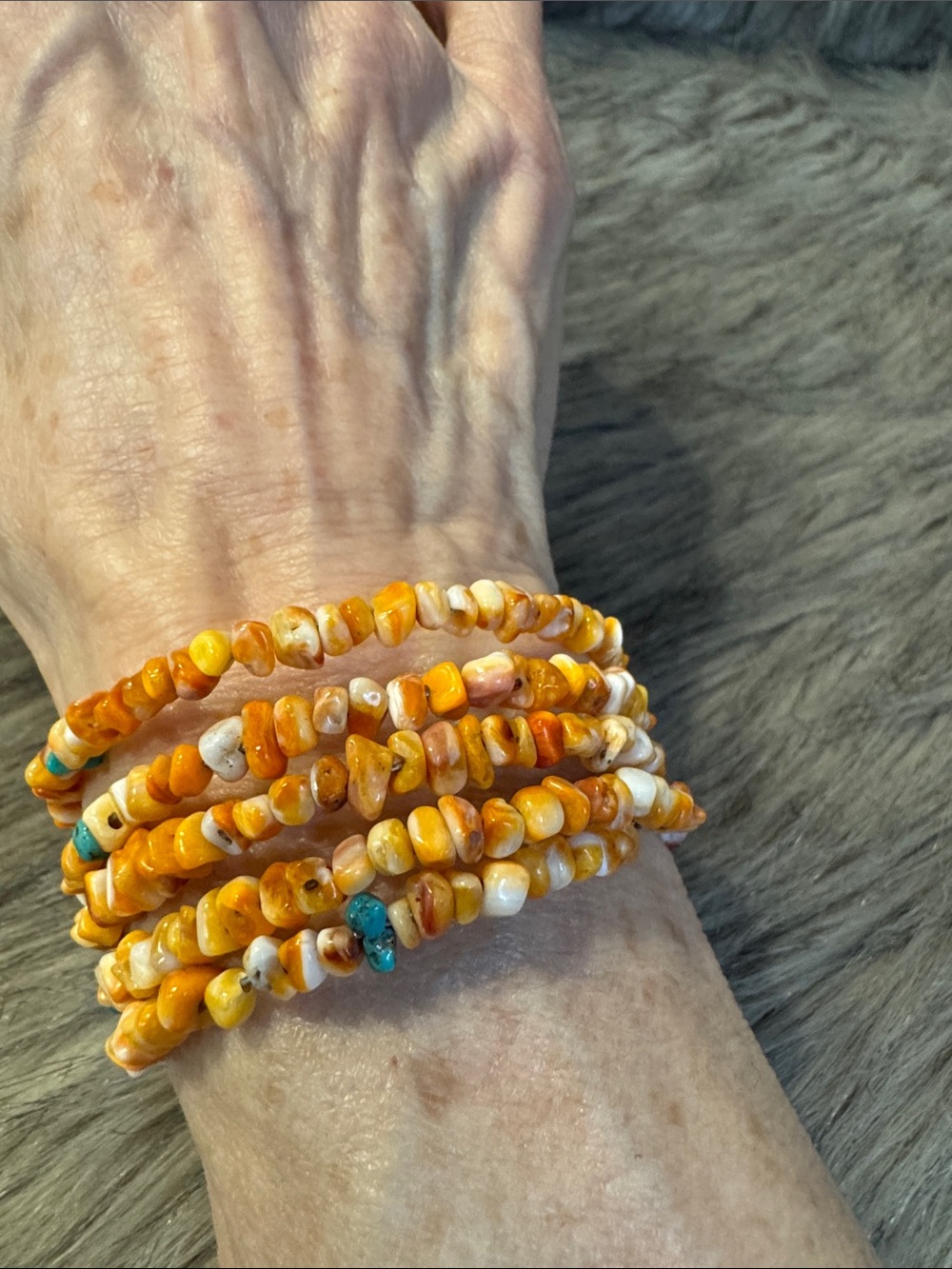 Handmade Orange Spiny Oyster Shell & Blue Turquoise Chips Beaded Wrap Bracelet